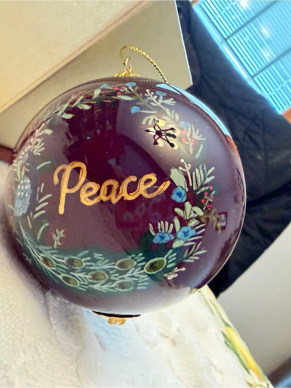 Li Bien Holiday Peace Glass Ornament - Deep Burgundy